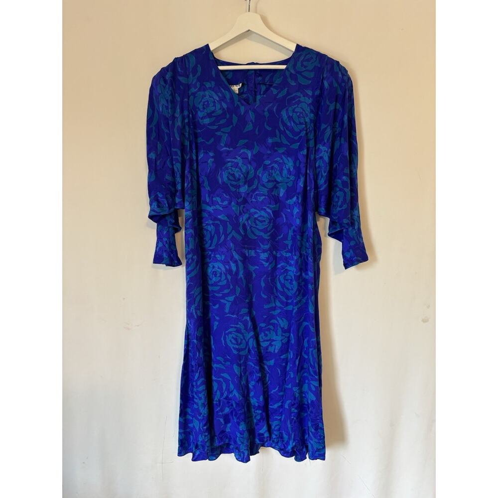 Vtg Norah Noh Dress 16 Silk Midi Blue Dolaman Sleeve Floral Long Sleeve